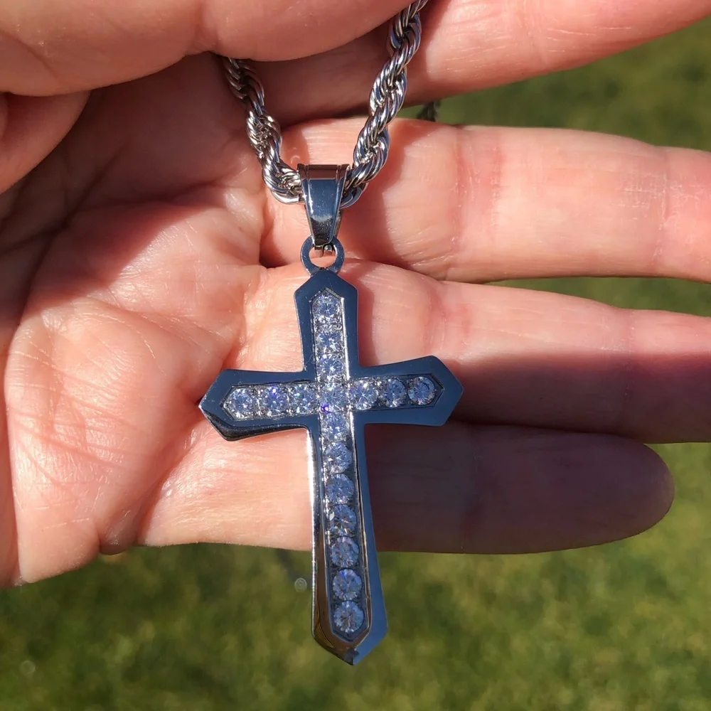 Stainless steel necklace large cubic zirconia cross w/ rope chain